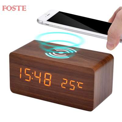 Qi Wireless Charger Wooden LED Alarm Clock Mobile phone wireless charging wooden alarm clock with temperature display