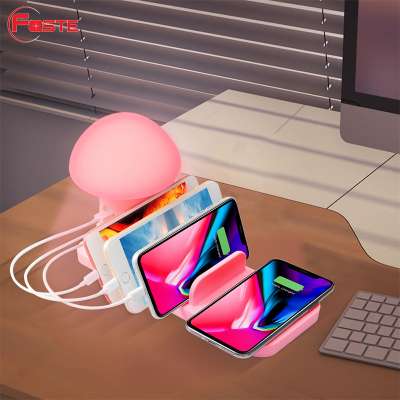 10W Fast Wireless Qi Charger 3 Ports Charging Station with Mushroom LED Night Light Wireless Charging Dock for Mobile Phones